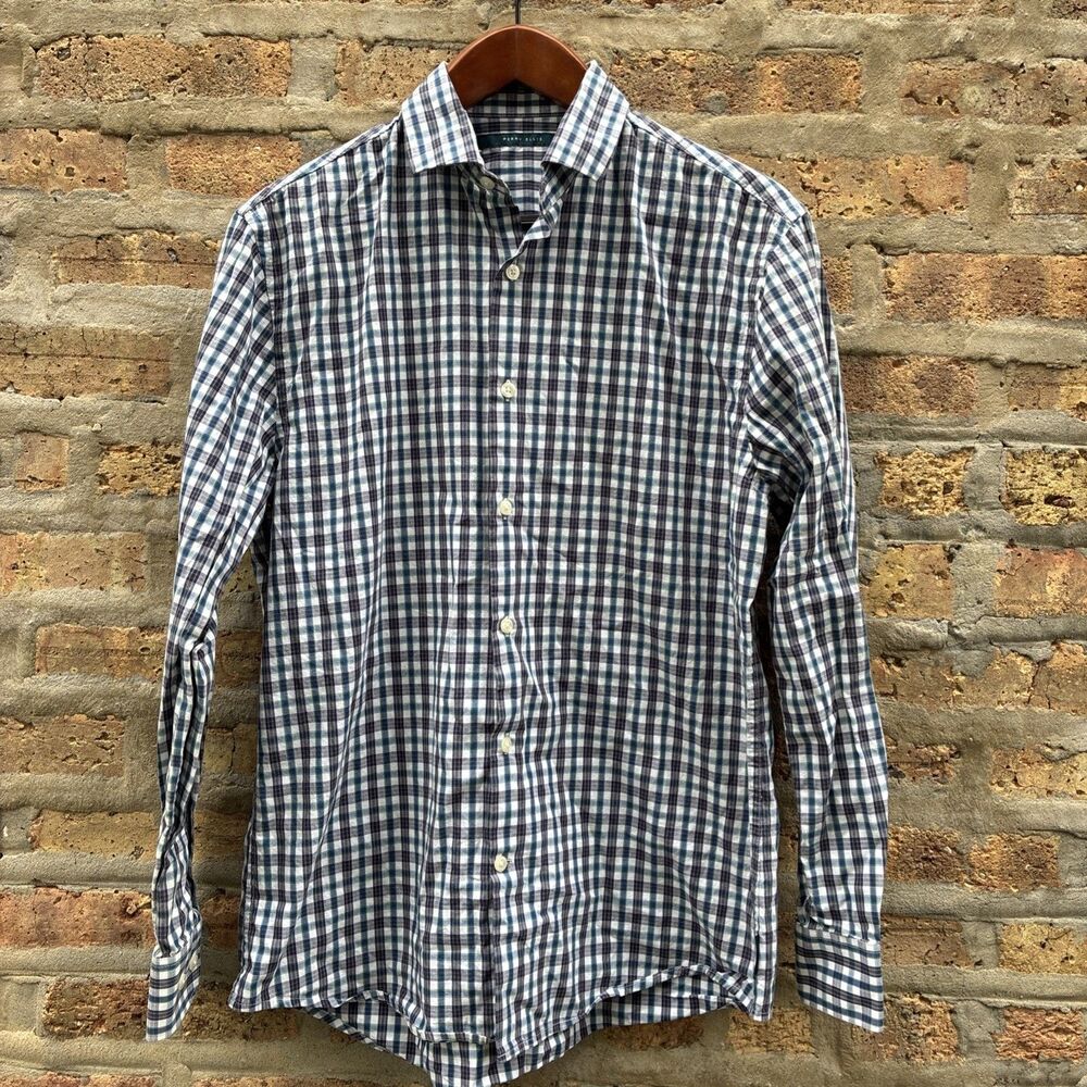 Perry Ellis Button Down Dress Shirt Blue &‎ White Plaid Checkered Mens Sz Medium